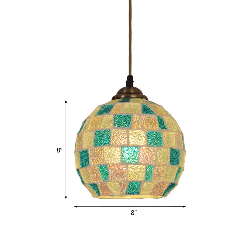 Checkered Globe Pendant Lamp - Tiffany Style Green And White Glass Hanging Light Fixture