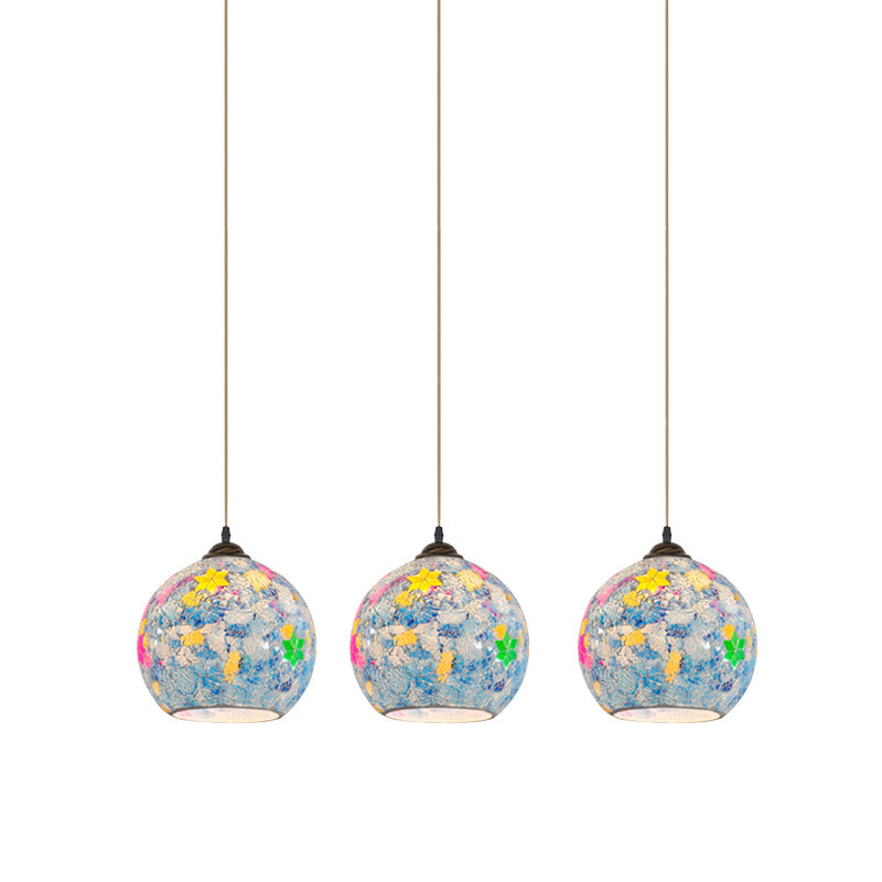 Tiffany Glass 3-Bulb Pendant Lamp With Light Blue Multi Leaf-Pattern Globe - Baroque Ceiling