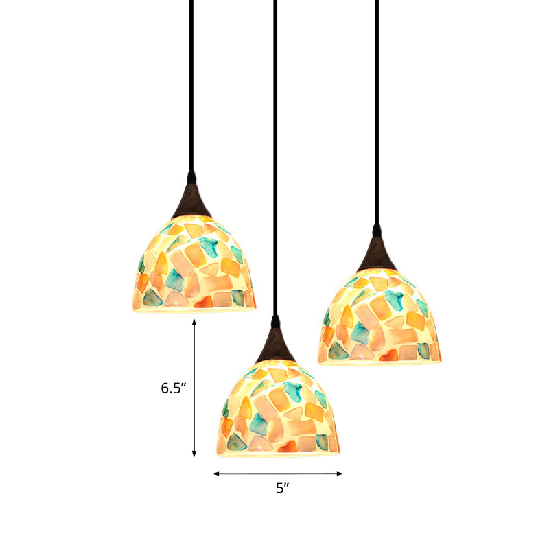 Mosaic Tile Shell Drop Tiffany-Style Pendant Lamp With Bell Shape Bronze Finish - 3 Bulbs