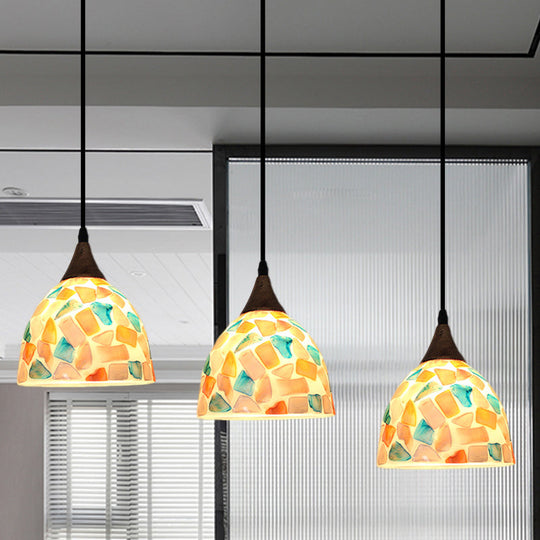 Mosaic Tile Shell Drop Tiffany-Style Pendant Lamp With Bell Shape Bronze Finish - 3 Bulbs