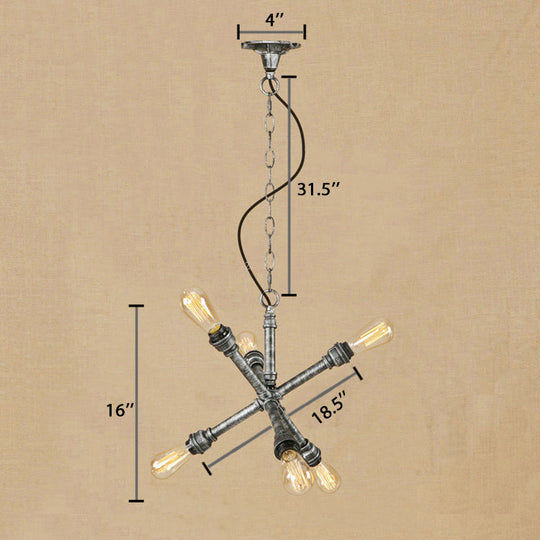 6-Bulb Antique Silver Sputnik Restaurant Chandelier With Iron Hanging Lighting And Pipe