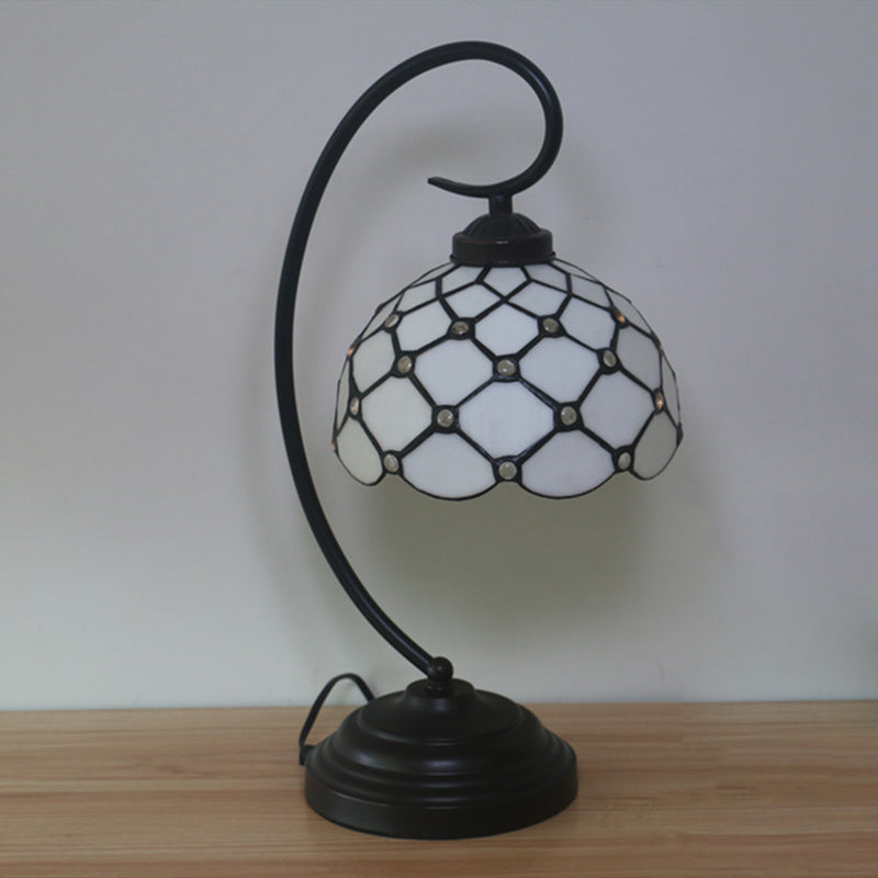Bronze Tiffany Night Table Lamp With Beaded Patterned Shade - Swirl Arm Beige/White Glass