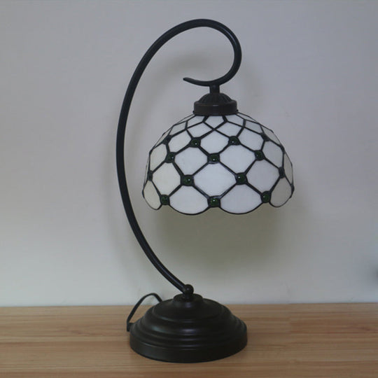Bronze Tiffany Night Table Lamp With Beaded Patterned Shade - Swirl Arm Beige/White Glass