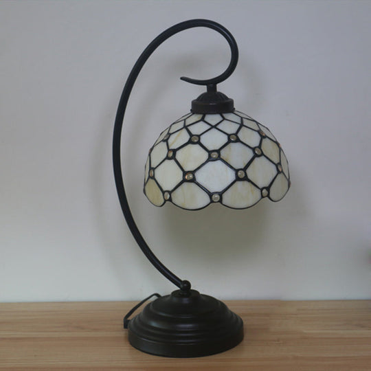 Bronze Tiffany Night Table Lamp With Beaded Patterned Shade - Swirl Arm Beige/White Glass