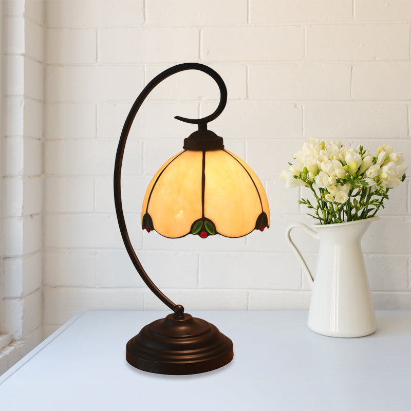 Mediterranean Style 1-Light Nightstand Lamp With Beaded Pattern & Flower Glass Shade In White/Red