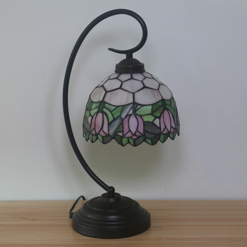 Curvy Bronze Baroque Night Light With Floral Patterned Glass Shade