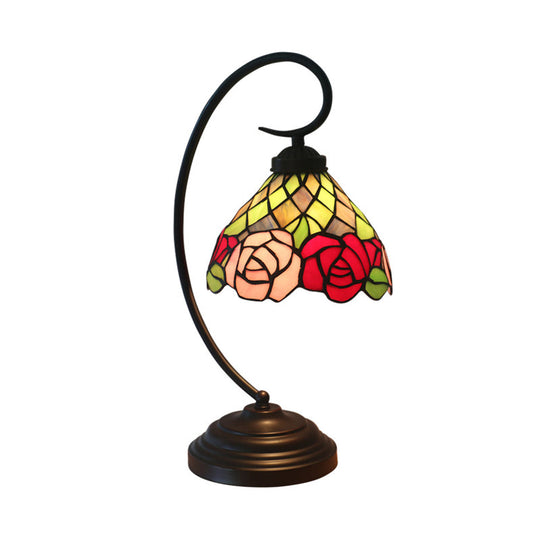 Victorian Stained Art Glass Rose Patterned Desk Lamp In Dark Coffee - Table With 1 Head