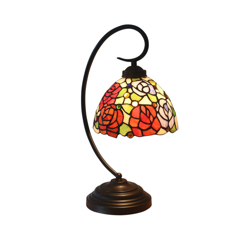 Hand Cut Glass Victorian Dome Shade Table Light With Rose Pattern - 1 Red/Orange Nightstand Lighting