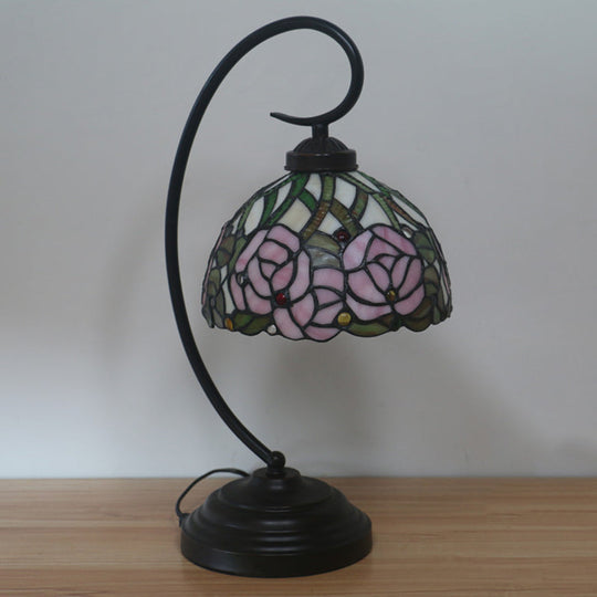 Tiffany Style Dome Cut Glass Table Lamp - Black/White Finish Rose Pattern Night Light