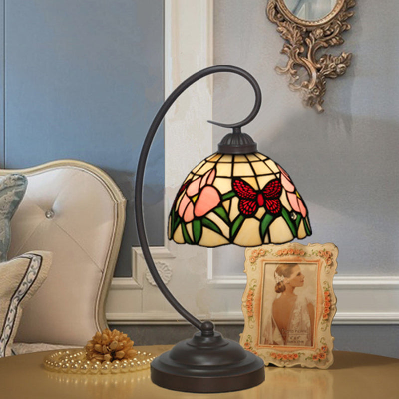 Victorian Stained Glass Nightstand Light - Pink/Purple Flower Pattern With Swirl Arm