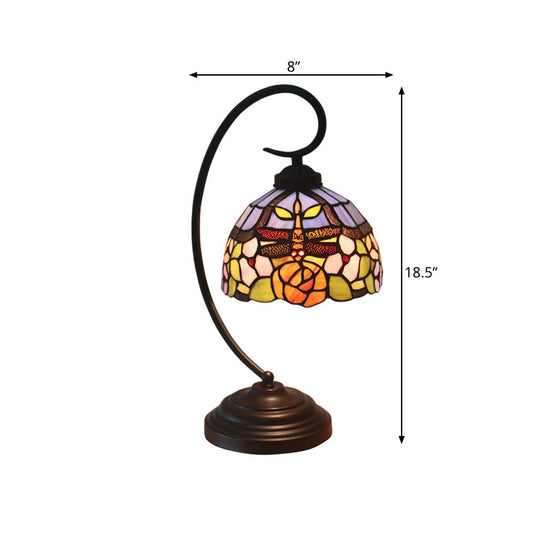 Tiffany Style Dragonfly Patterned Desk Lamp With Stained Glass Dome Shade