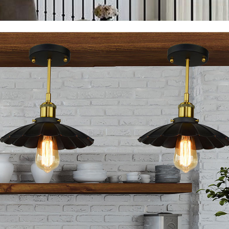 Vintage Industrial Black Scalloped Semi Flush Mount Metal Ceiling Fixture With 1 Light