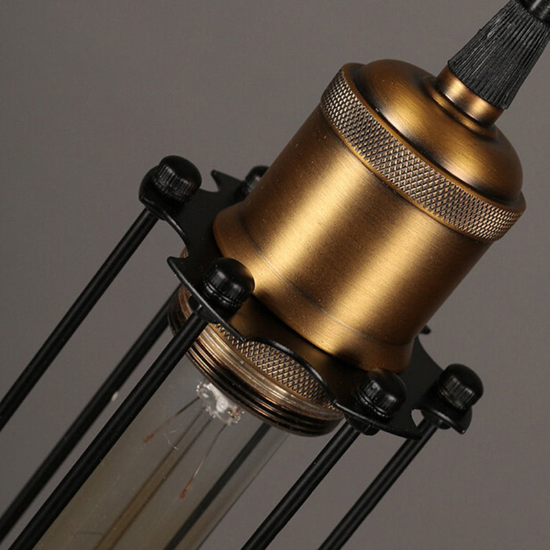 Industrial Brass Finish Tubed Pendant Lighting With Cage Shade - 1 Head Metal Hanging Ceiling Light