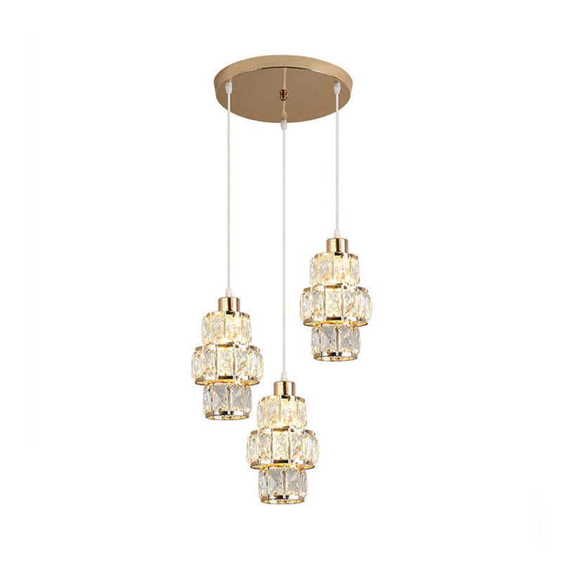 Modern Gold Cluster Pendant With 3-Layer Crystal Prisms And 3 Hanging Lights