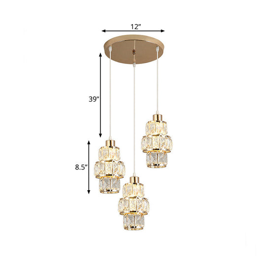 Modern Gold Cluster Pendant With 3-Layer Crystal Prisms And 3 Hanging Lights