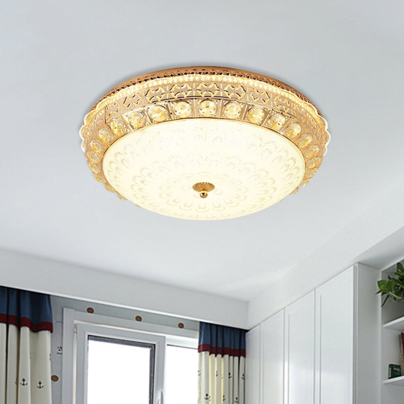 Modern Gold Finish Flush Mount Ceiling Light With Crystal Block Accents - Led Round Lamp
