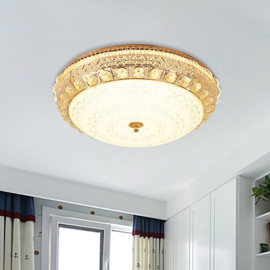 Modern Gold Finish Flush Mount Ceiling Light With Crystal Block Accents - Led Round Lamp