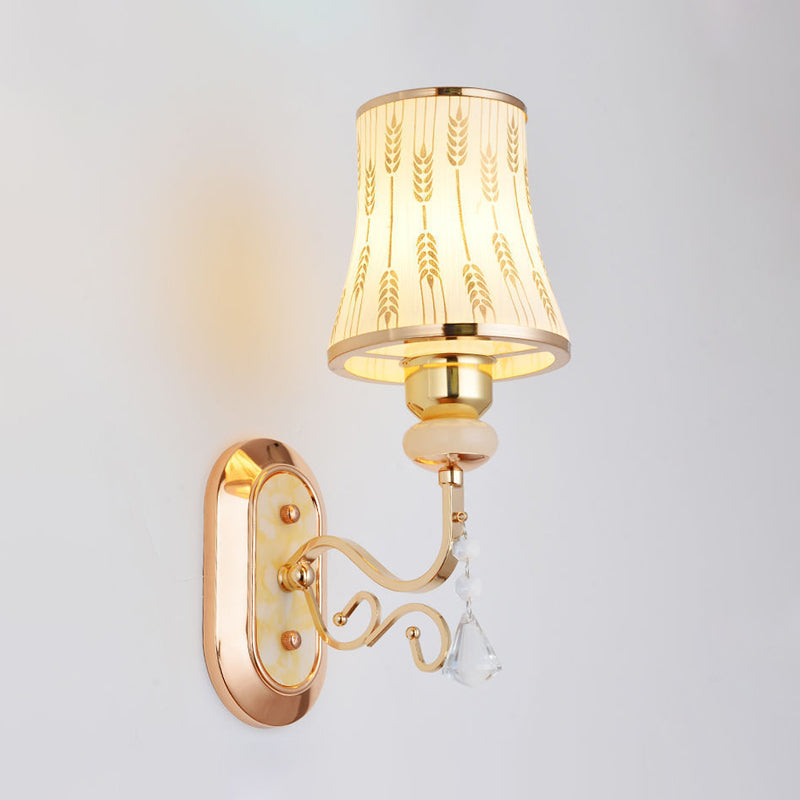 Modern Gold Finish Wall Lamp With Arc Wheat Patterned Glass
