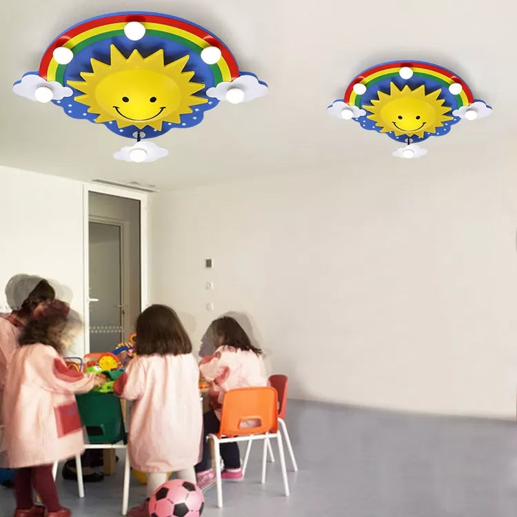 Smiling Sun Flush Ceiling Light In Yellow For Game Room - Cartoon Design Wood Finish