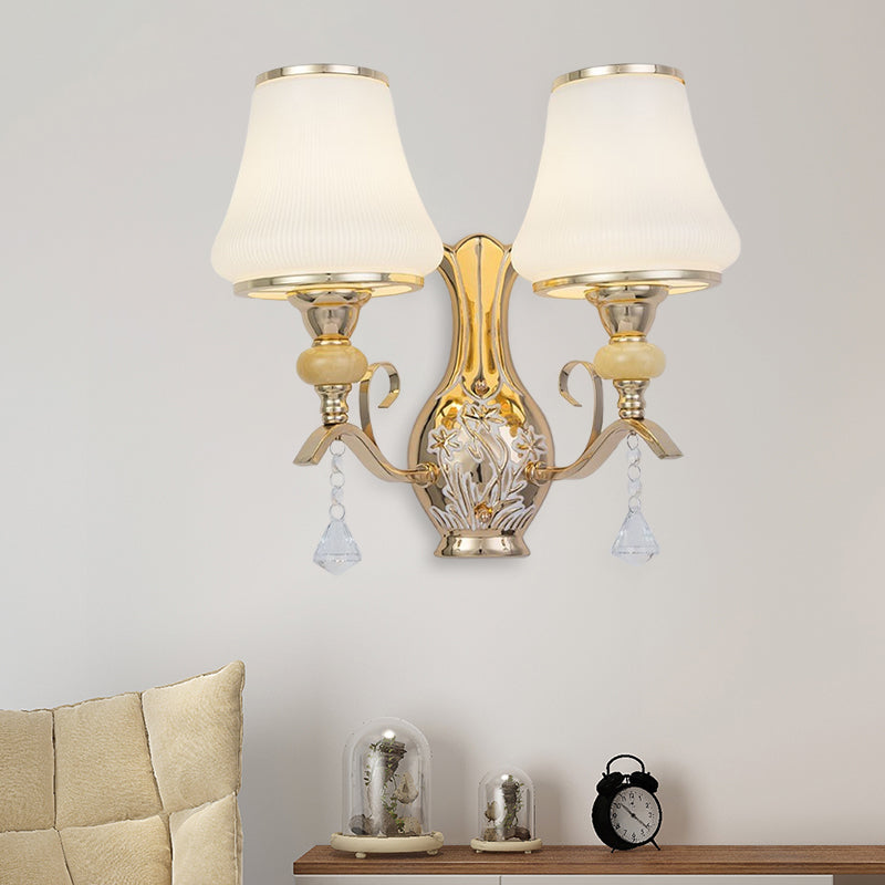 Nordic 2-Light Wall Sconce In Gold With Ribbed Glass Bell Shade: Elegant Living Room Lighting