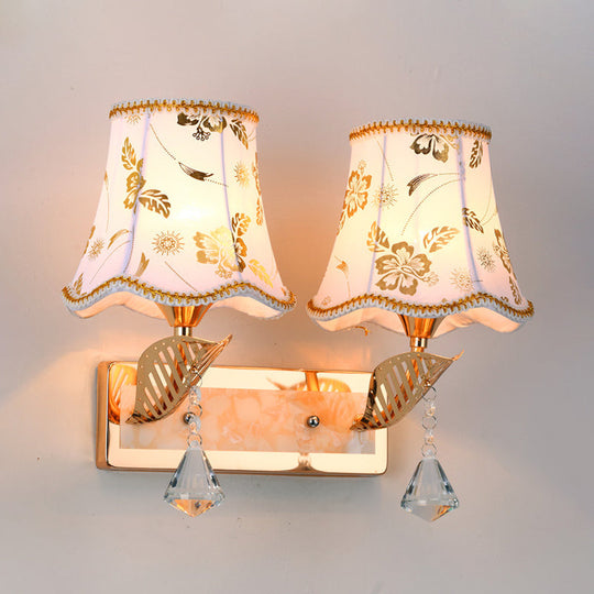 Contemporary 2-Head Wall Lamp In Gold Finish With Patterned Fabric Empire Shade