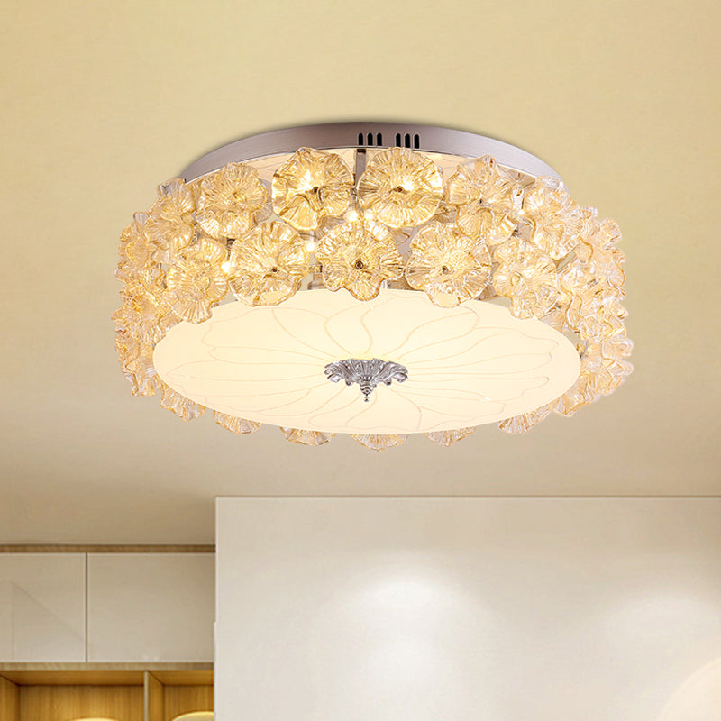 Purple/White Led Flush Light Ceiling Lamp With Crystal Flower Accents