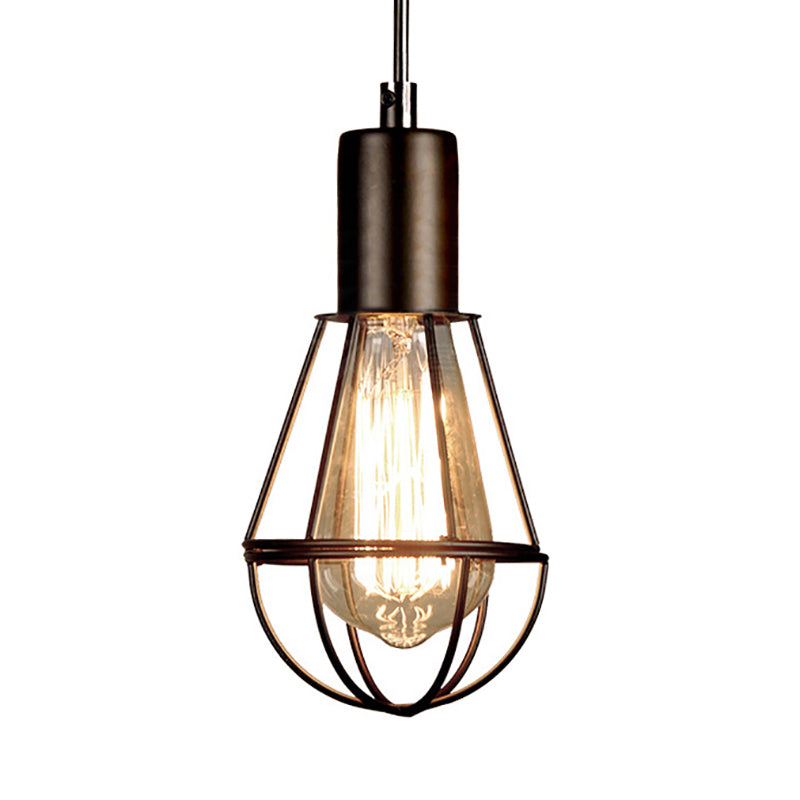 Vintage Industrial Cage Pendant Light - Small Black Metal Hanging Lamp For Living Room