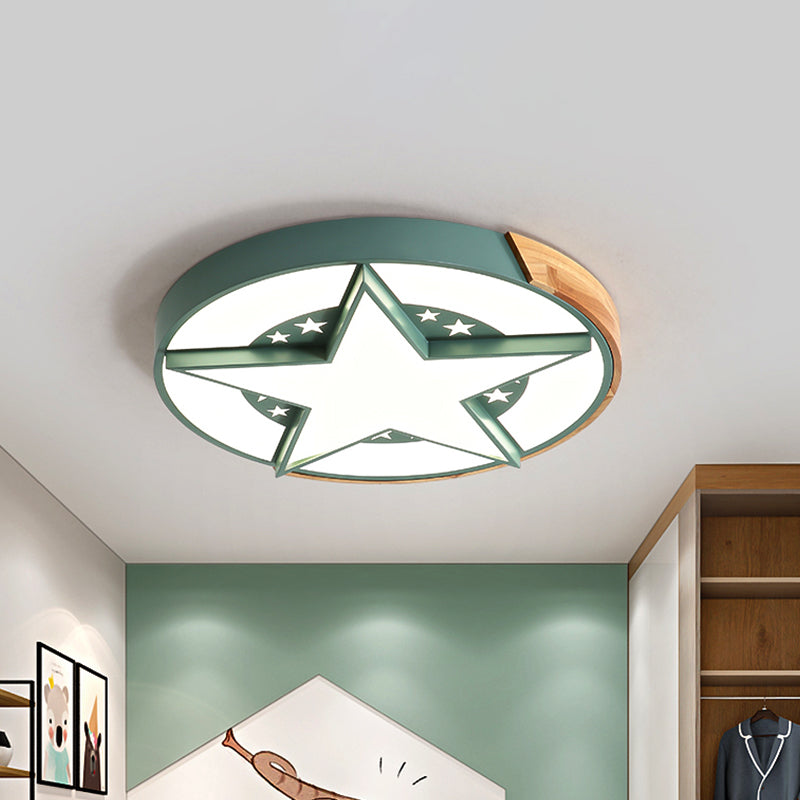 Round Metal Led Macaron Flush Mount Ceiling Light In White/Pink/Blue And Wood For Star-Themed