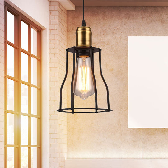 1-Bulb Bronze/Brass Suspended Metal Pendant Lamp - Mini Industrial Wire Cage Light For Living Room