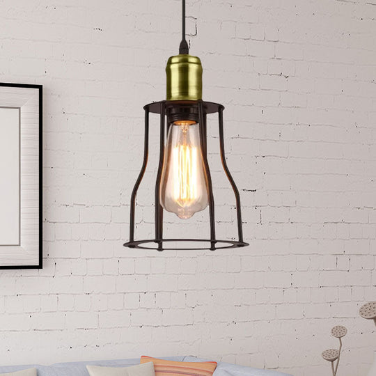 1-Bulb Bronze/Brass Suspended Metal Pendant Lamp - Mini Industrial Wire Cage Light For Living Room