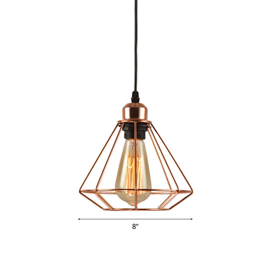 Rose Gold Geometric Cage Ceiling Light - Loft Industrial Pendant Lighting For Bedroom