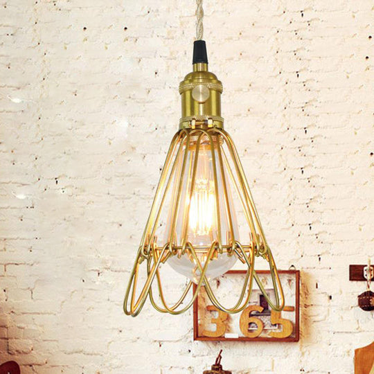 Vintage Brass Wire Frame Pendant Lamp W/ Ruffled Edge - Metallic 1-Light Hanging Light For Living