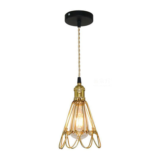 Vintage Brass Wire Frame Pendant Lamp W/ Ruffled Edge - Metallic 1-Light Hanging Light For Living