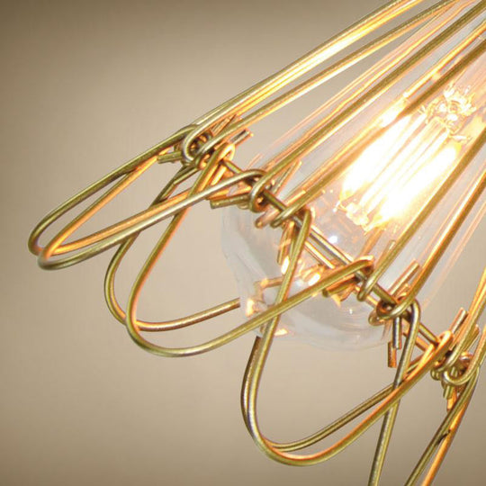 Vintage Brass Wire Frame Pendant Lamp W/ Ruffled Edge - Metallic 1-Light Hanging Light For Living