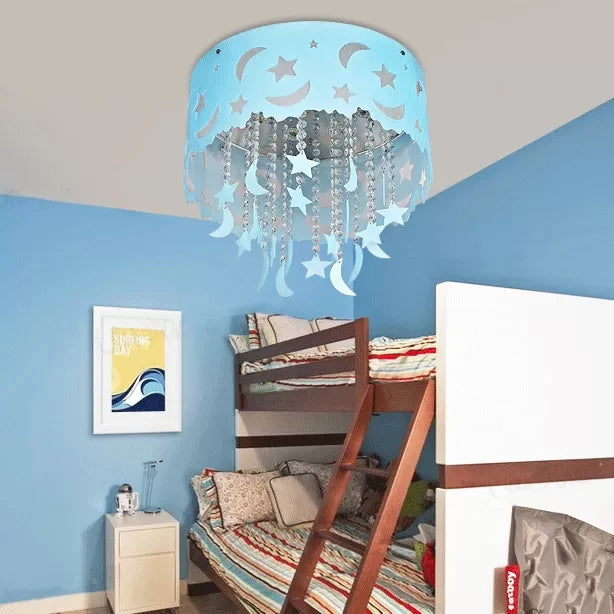 Blue Star & Moon Led Flush Mount Ceiling Light With Crystal Bead For Kids’ Bedroom