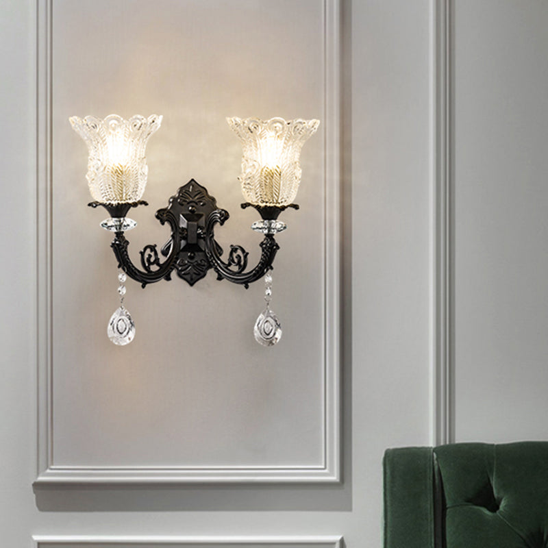 Black Flower Wall Lamp With Clear Crystal Glass Shade & Minimalist Design