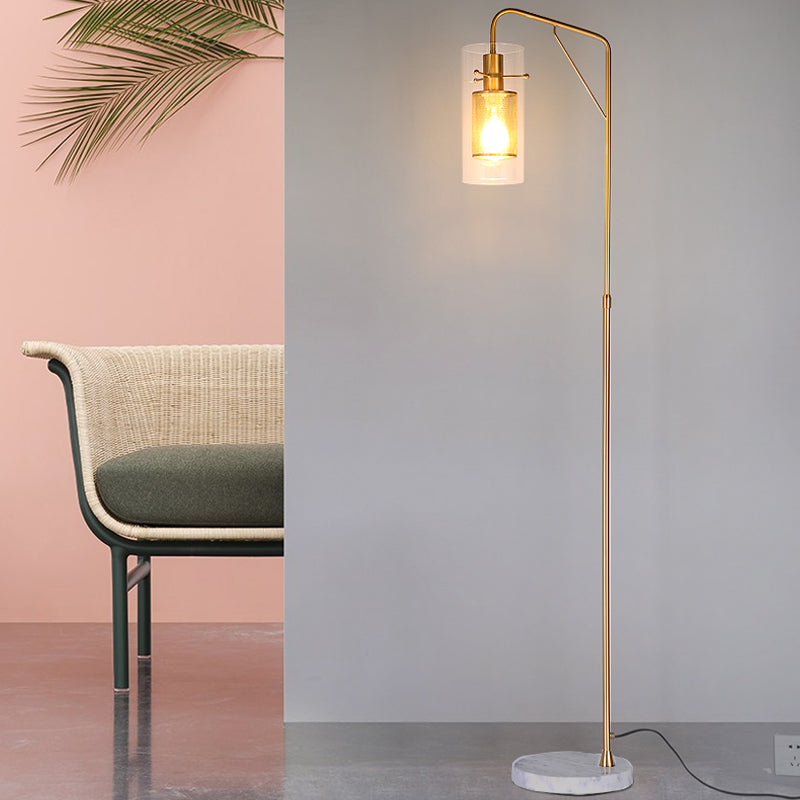 Postmodern Gold Metal Tube Mesh Reading Floor Lamp With Clear Glass Shade