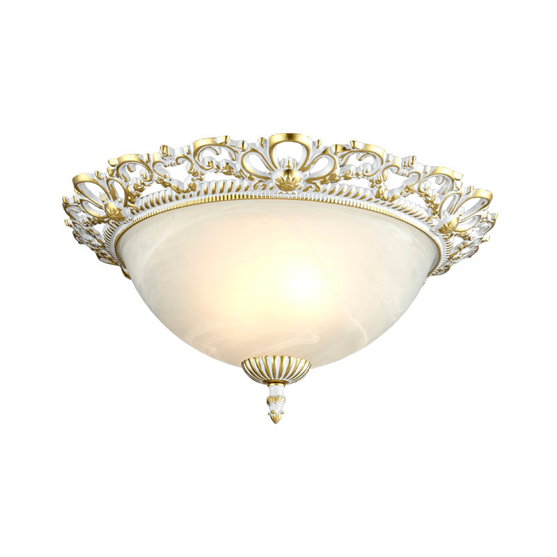 Opal Frosted Glass Flushmount Countryside Brass/White Floral Ceiling Lamp 11/19.5 Wide