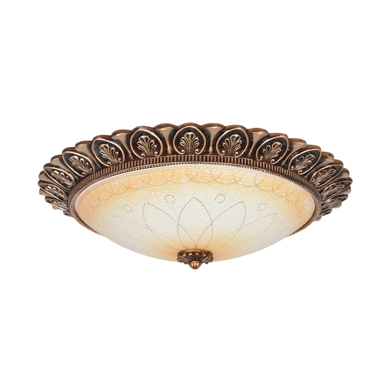 Antique Leaf-Trimmed Gold Led Flush Ceiling Light With Frosted Glass Dome - Flushmount Lighting