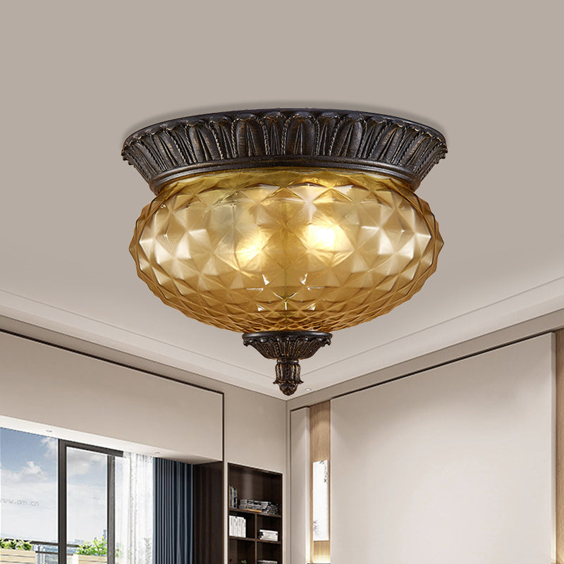 Rustic Amber Beveled Glass Oval Kitchen Flush Mount Lamp - 2-Bulb Black Ceiling Lighting Fixture