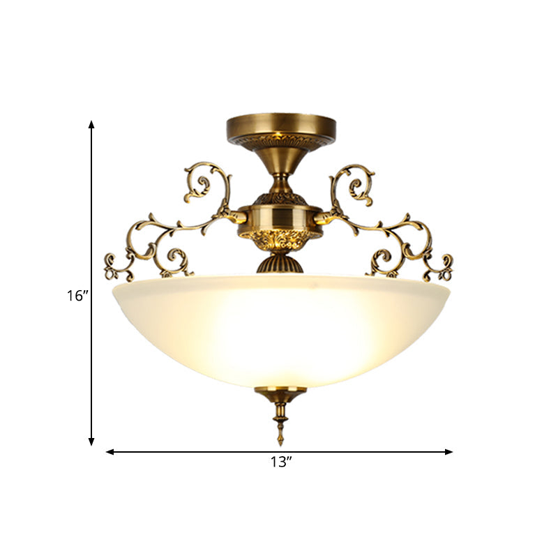 Traditional Gold Swirling Arm Ceiling Lamp With 3 Wide Bowl Lights 13’/17’ Semi Flush Mount