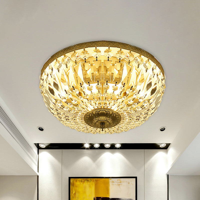 Clear Crystal Strand Flush Light - Modern Dome 4-Head Ceiling Lamp In Brass For Living Room