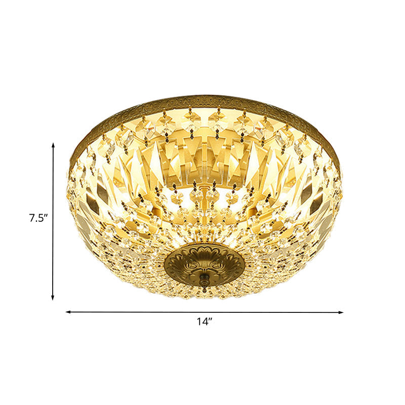 Clear Crystal Strand Flush Light - Modern Dome 4-Head Ceiling Lamp In Brass For Living Room