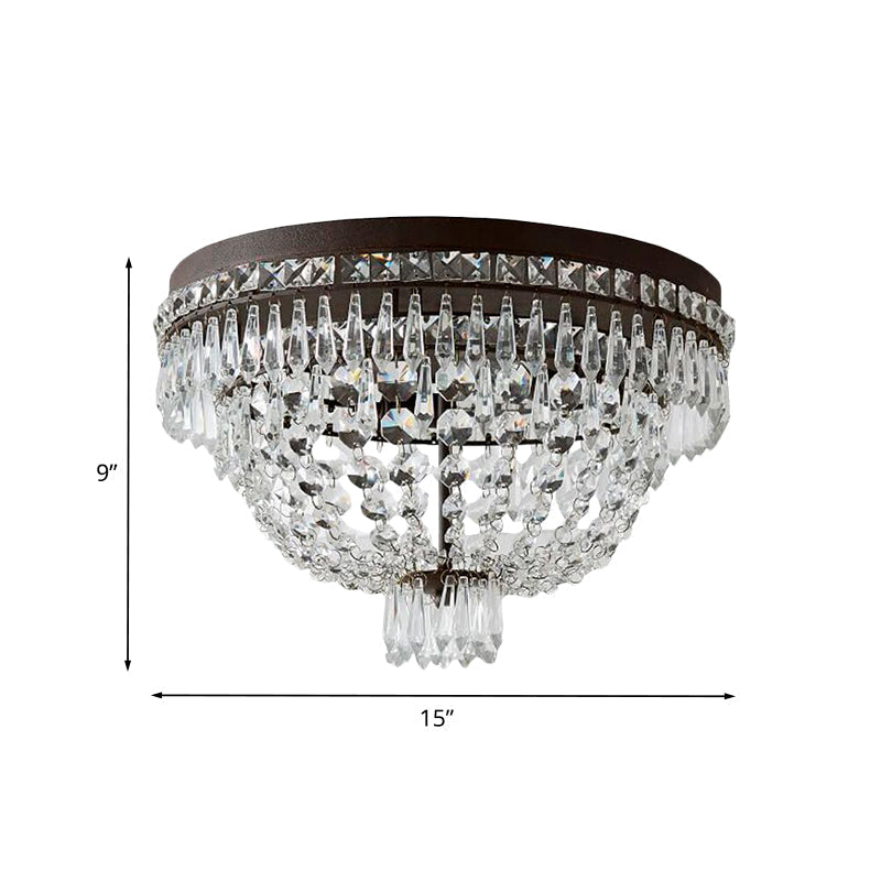 Traditional 3-Head Crystal Strand Basket Flushmount Ceiling Lamp In Black