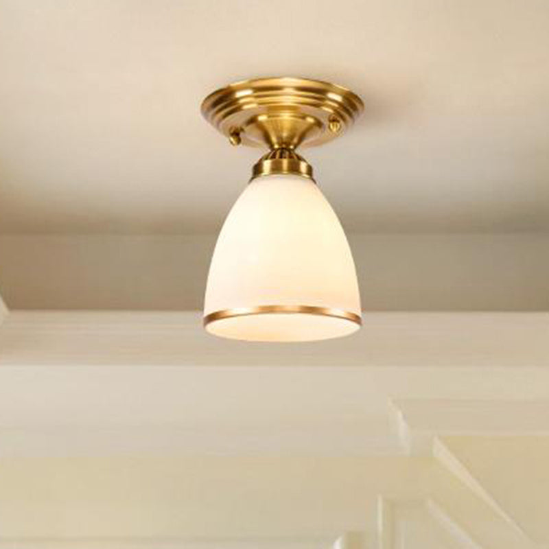 Classic 1-Light Glass Flush Mount Lamp In Brass - Globe/Cone Design For Corridor Ceiling Lighting