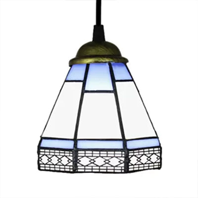Tiffany-Style Stained Glass Conical Drop Lamp: Beige/Green/Blue Pendant Light For Living Room