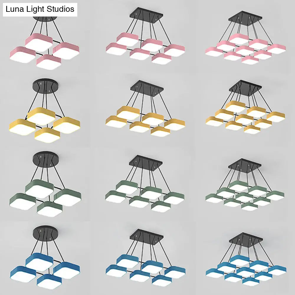 Acrylic Macaron Style Pendant Light For Kindergartens: Square Shade Chandelier