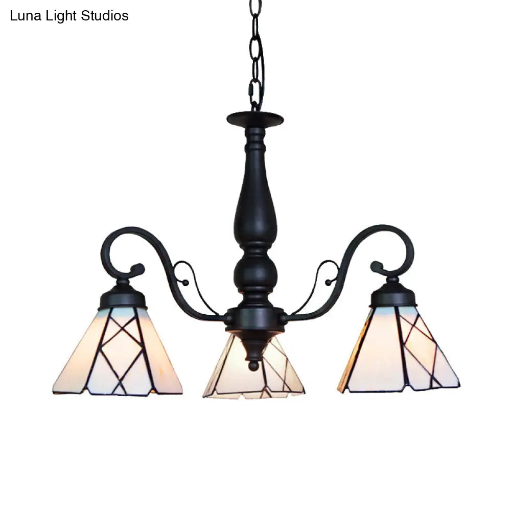 Adjustable Stained Glass Cone Chandelier With Traditional Pendant Light - 3 Lights And Rhombus/Leaf