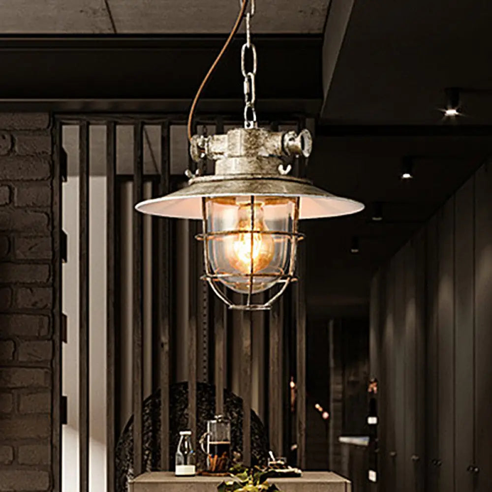 Aged Silver 1-Head Industrial Wire Cage Hanging Lamp Kit With Clear Glass Shade