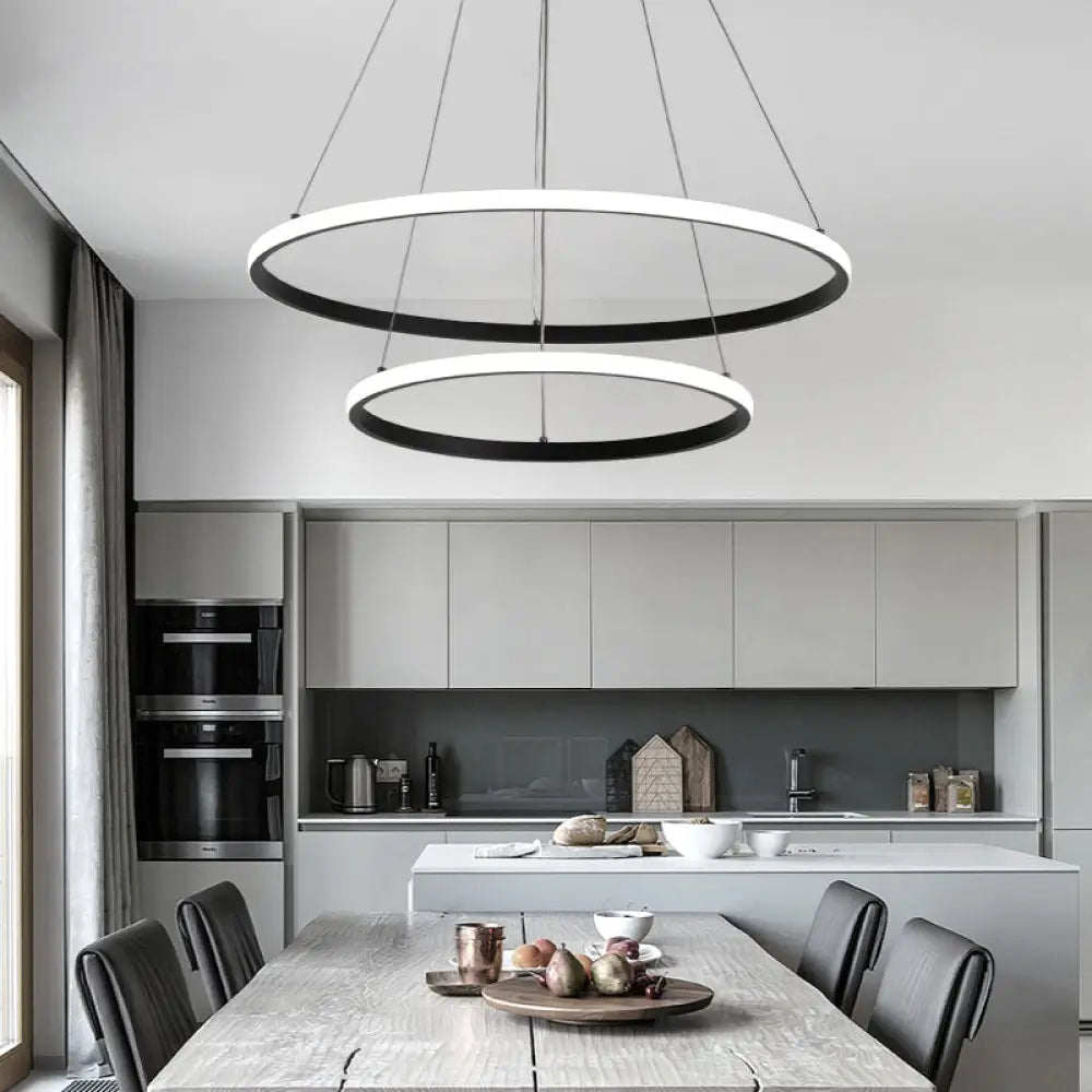 Aluminum Led Chandelier: Outer Glowing Ring Shaped Hanging Light For Restaurants Black / 2 Tiers 16’